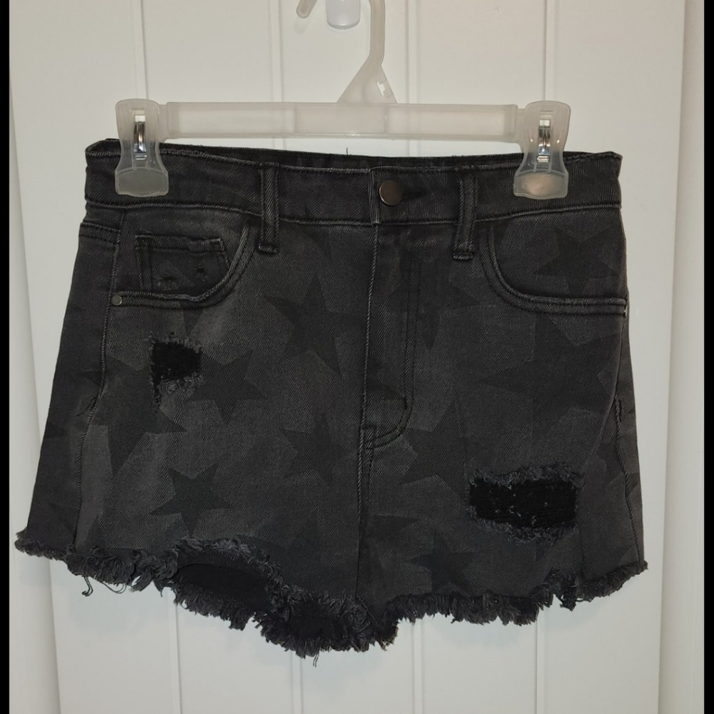 Material Girl black denim jean stars shorts Size 9 frayed cut off distressed